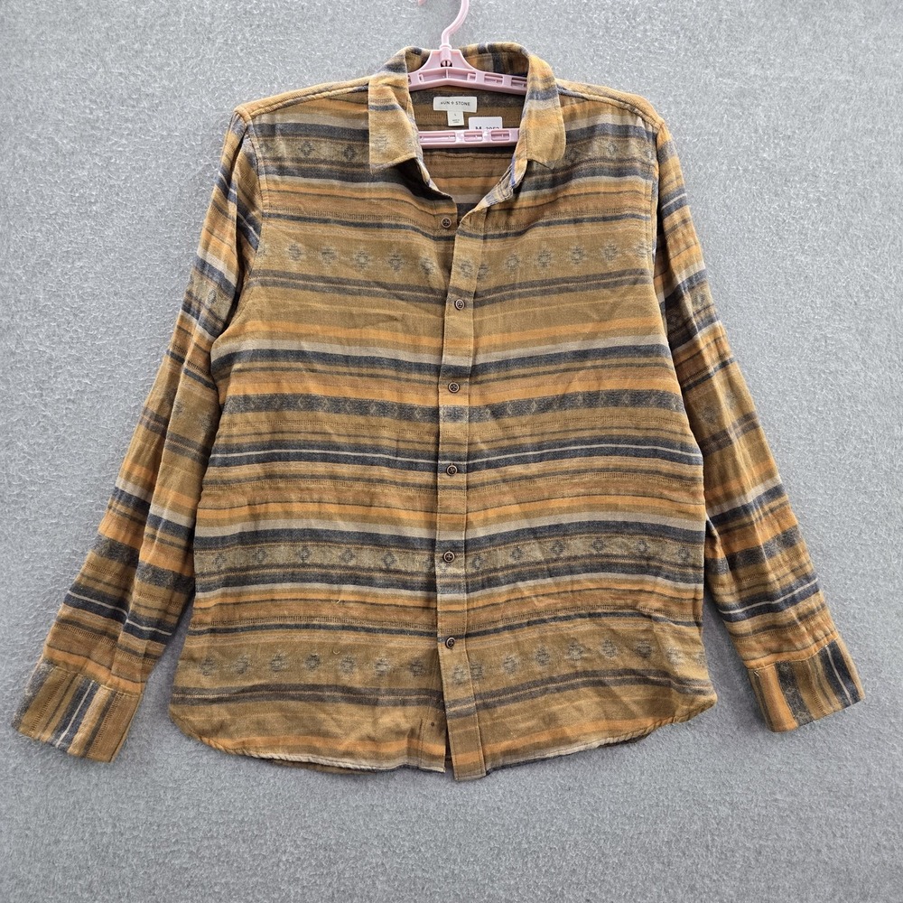 Sun + Stone Men Button Up Shirt L Brown Striped Long‎ Sleeve Cotton